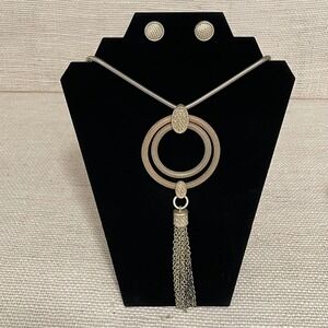 Chico's Gold Tone Necklace and‎ Earring Set, Double Hoop and Tassel pendant,